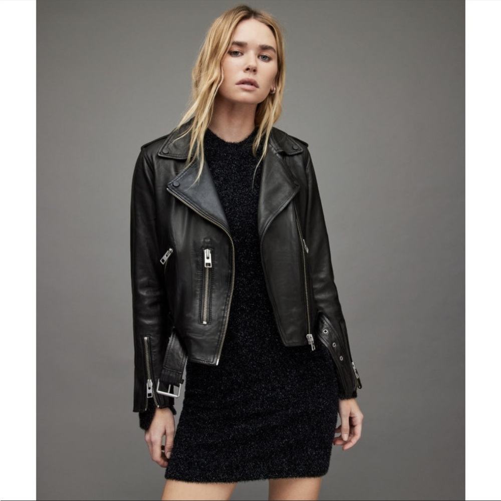 All Saints Balfern Lambskin Leather Biker Jacket Dark Brown Size 8